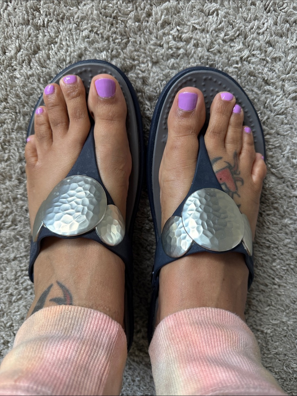 CROCS Navy Slide Sandals with Hammered Silver Discs